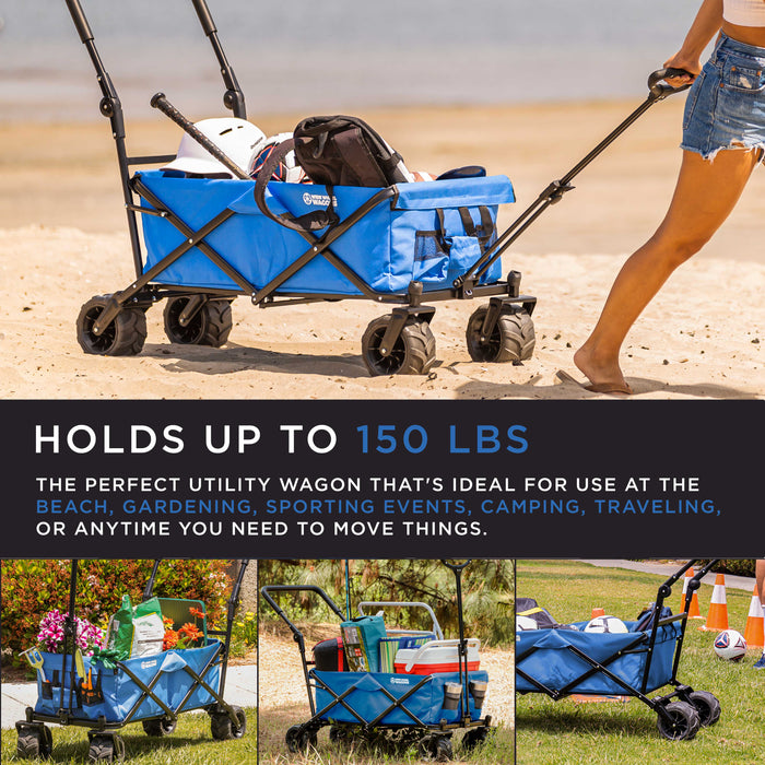 Blue Wide Wheel Wagon All-Terrain Folding Collapsible Utility Wagon with Push Bar - Portable Rolling Heavy Duty 150 Lbs Capacity Canvas Fabric Cart