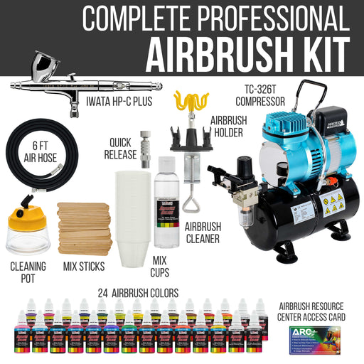 Iwata High Performance Plus HP-C Plus Airbrush Kit with Cool Runner II Dual Fan Air Tank Compressor, 24 Color Airbrush Paint Set and Accessories Set