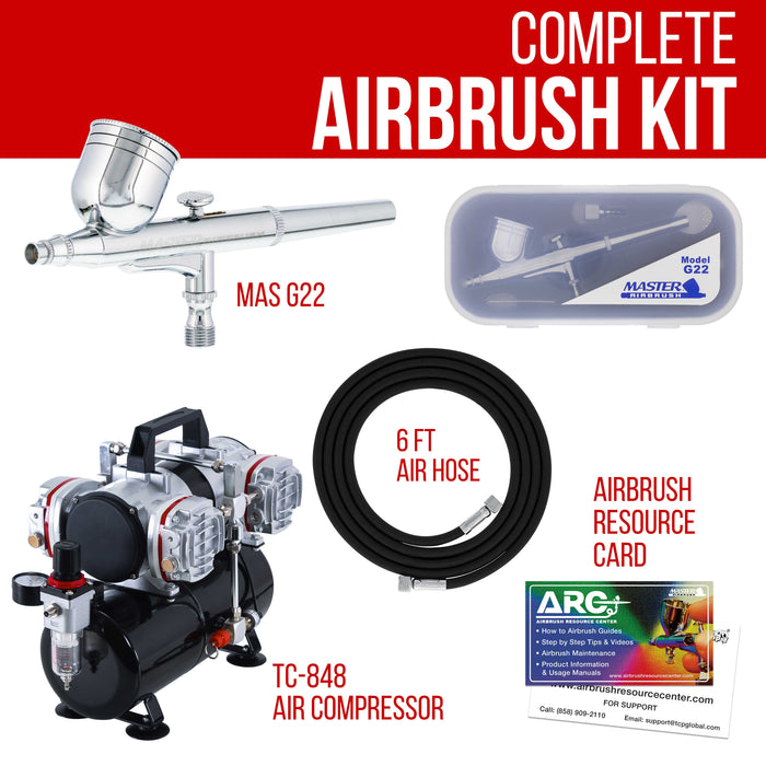 Multi-Purpose High Performance G22 Airbrush Kit with TC-848 4 Cylinder Piston Air Compressor with Air Storage Tank & Air Hose