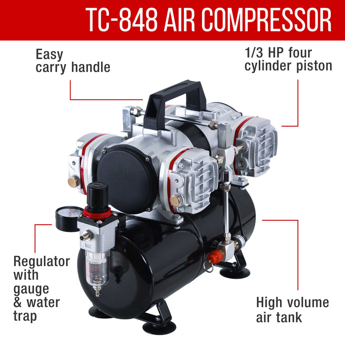 Multi-Purpose High Performance G22 Airbrush Kit with TC-848 4 Cylinder Piston Air Compressor with Air Storage Tank & Air Hose