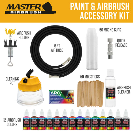 12 Color Acrylic Airbrush Paint Set & Accessories Kit with Airbrush Cleaning Pot & Holder, Air Hose, Quick-Connect and Mixing Cups