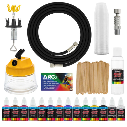 12 Color Acrylic Airbrush Paint Set & Accessories Kit with Airbrush Cleaning Pot & Holder, Air Hose, Quick-Connect and Mixing Cups