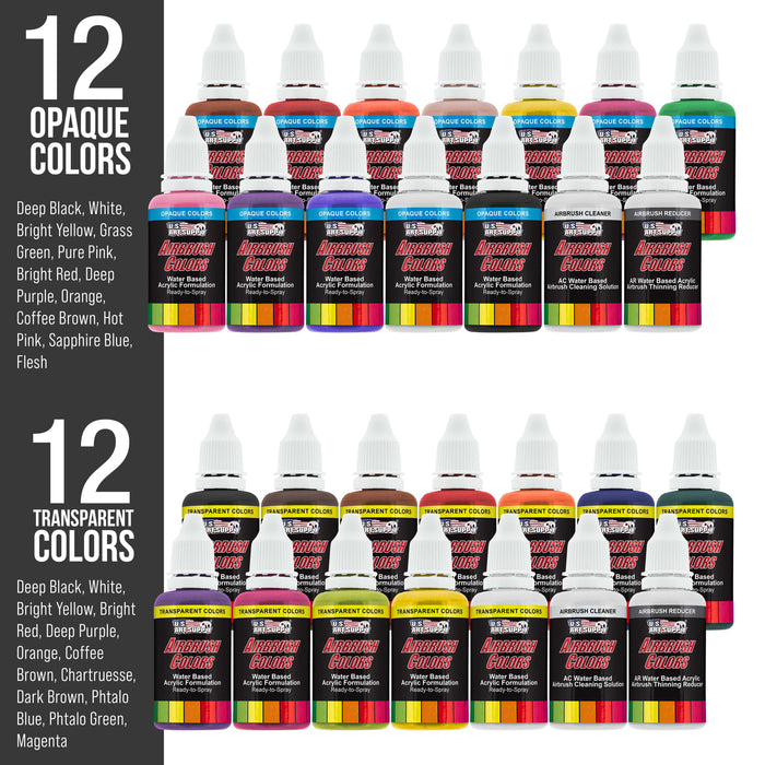 24 Color Acrylic Airbrush Paint Set & Accessories Kit with Airbrush Cleaning Pot & Holder, Air Hose, Quick-Connect and Mixing Cups