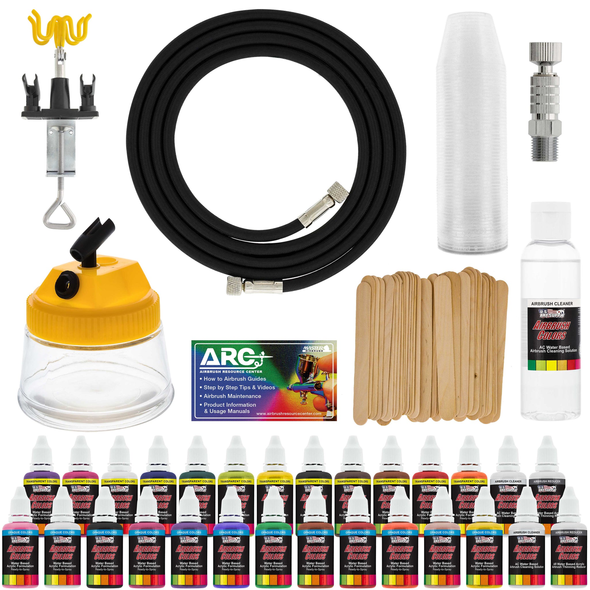 24 Color Acrylic Airbrush Paint Set & Accessories Kit with Airbrush Cleaning Pot & Holder, Air Hose, Quick-Connect and Mixing Cups