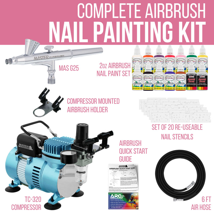 Master Airbrush Nail Decorating System - 12 Color Nail Paint Kit with Compressor, Airbrush, 100 Plus Stencil Designs and How to Airbrush Training Book