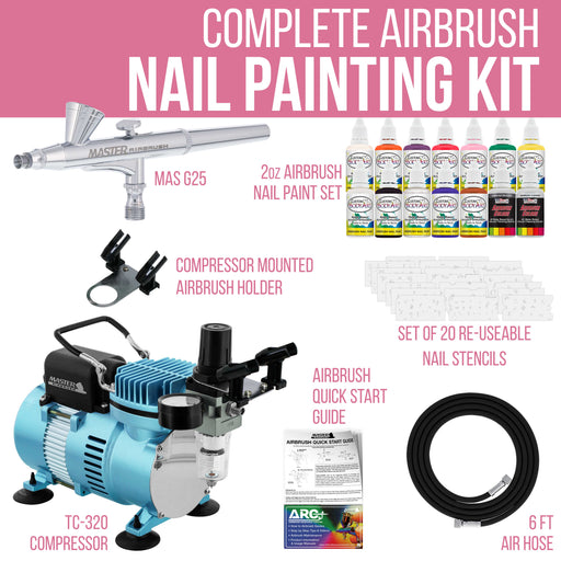 Complete Professional Airbrush Nail Kit with G25 Airbrush, Master Compressor TC-20, Air Hose, 20 Nail Stencils & 12 Custom Body Art Colors, 1 oz.