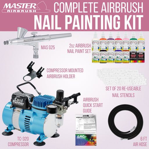Master Airbrush Nail Decorating System - 12 Color Nail Paint Kit with Compressor, Airbrush, 100 Plus Stencil Designs and How to Airbrush Training Book
