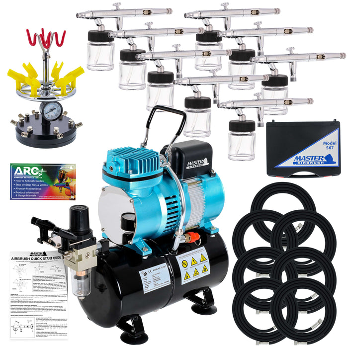 8 HI-FLOW All-Purpose Precision Dual-Action Siphon Feed Airbrushes with High Performance Airbrush Air Compressor with Air Storage Tank