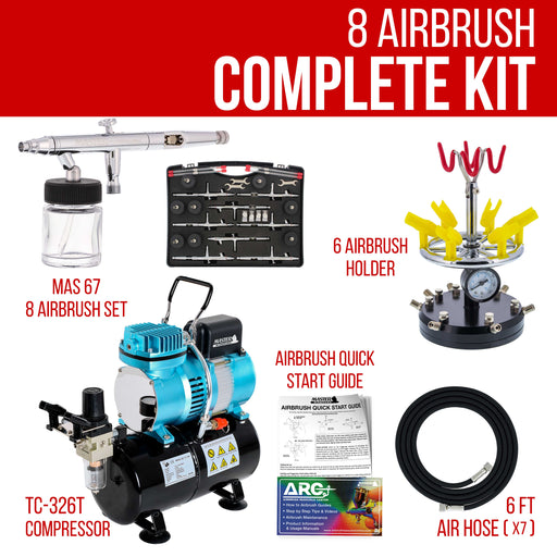 8 HI-FLOW All-Purpose Precision Dual-Action Siphon Feed Airbrushes with High Performance Airbrush Air Compressor with Air Storage Tank
