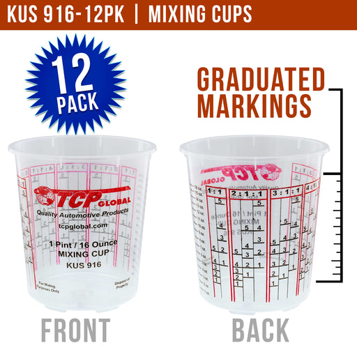 Pack of 12 - Mix Cups - Pint size - 16 ounce Volume Paint and Epoxy Mixing Cups - Mix Cups Are Calibrated with Multiple Mixing Ratios