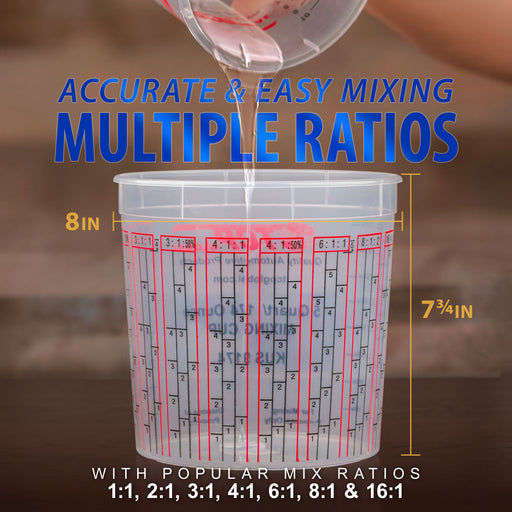 Custom Shop Paint Mixing Cups, 5-Quart (12 Pack) - Plastic Measuring Cups for Liquids, Automotive Painting, Epoxy Resin, Acrylic Arts, Crafts, Disposable or Reusable, Graduated, Mixing Ratios