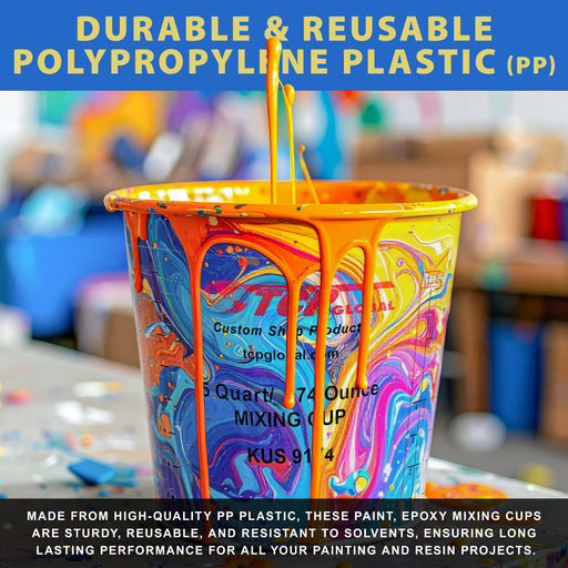 Custom Shop Paint Mixing Cups, 5-Quart (12 Pack) - Plastic Measuring Cups for Liquids, Automotive Painting, Epoxy Resin, Acrylic Arts, Crafts, Disposable or Reusable, Graduated, Mixing Ratios
