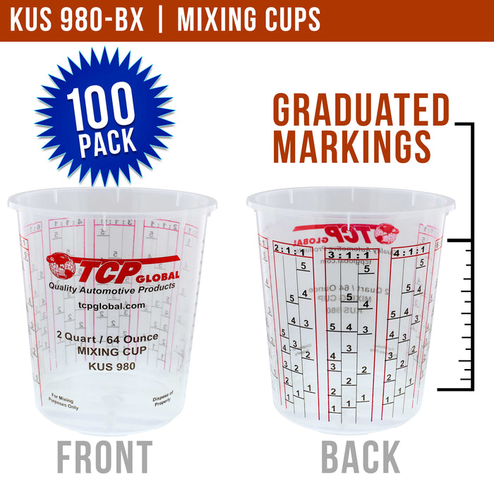 Box of 100 Mix Cups, Half Gallon size, 64 ounce Volume Paint & Epoxy Mixing Cups - Mix Cups Are Calibrated with Multiple Mixing Ratios, 12 Bonus Lids