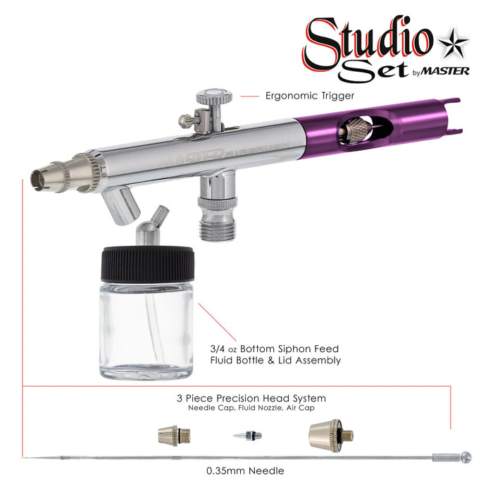 Master S66 Airbrush Set with 6 Precision Siphon Feed Airbrushes, 6 Station Airbrush Holder with Air Regulated Manifold, 7 Air Hoses & 6 Bottles