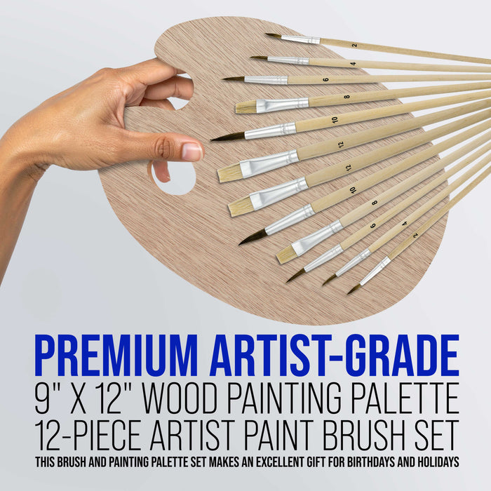 U.S. Art Supply 12-Piece Artist Paint Brush Set with 9" x 12" Wood Painting Palette - 12 Premium Round & Flat Bristle Paintbrushes - Fun Kids, Adults
