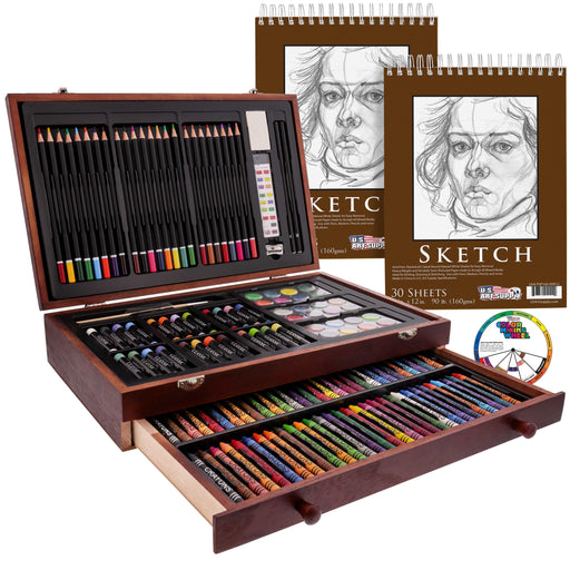 145 Piece Deluxe Art Set, Wooden Art Box & Drawing Kit with Crayons, Oil  Pastels