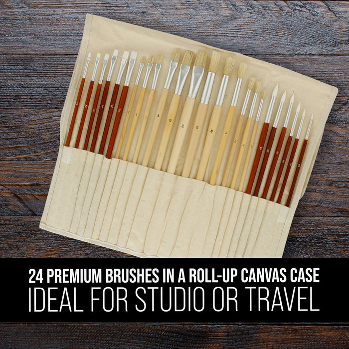 24 Piece Oil & Acrylic Paint Long Handle Artist Paint Brush Set with Canvas Carrying Case