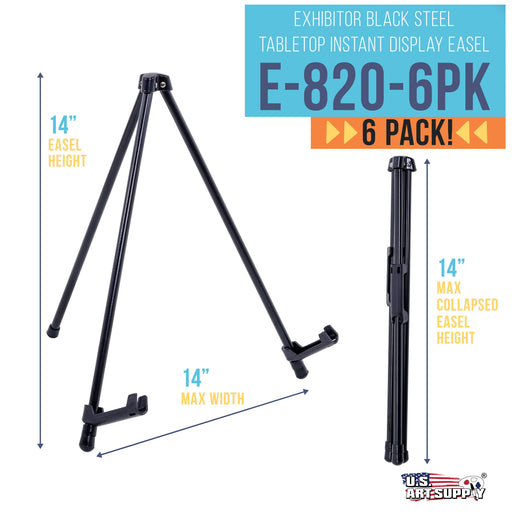 14" High Exhibitor Black Steel Tabletop Instant Display Easel (Pack of 6 Easels) - Small Portable Tripod Stand, Adjustable Holders - Display Paintings
