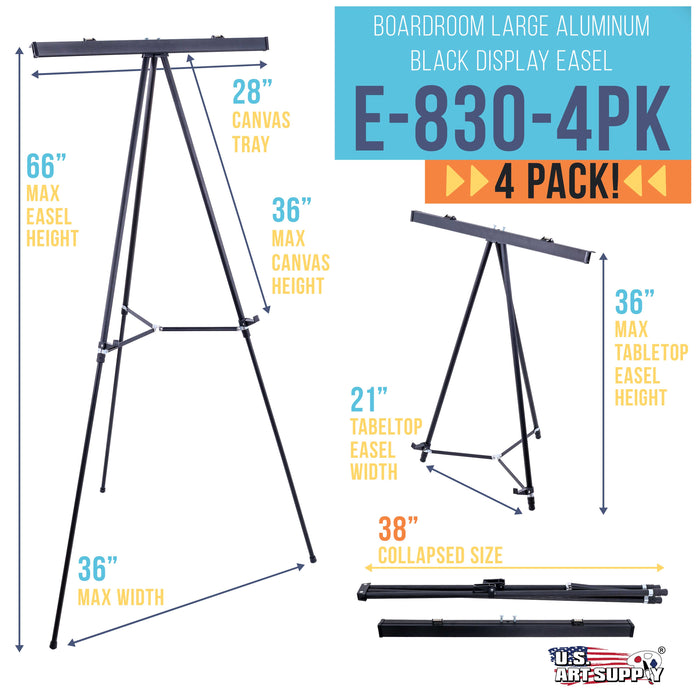 66" High Boardroom Black Aluminum Flipchart Display Easel and Presentation Stand (Pack of 4) - Large Adjustable Floor and Tabletop Portable Tripod