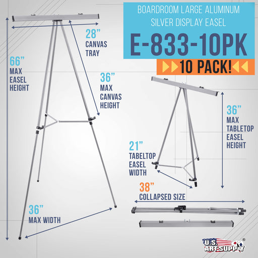 66" High Boardroom Classroom Silver Flip Chart Easel & Presentation Stand (10 Pack) - Adjustable Floor/Tabletop, Portable Tripod, Holds 25 lbs., for Chart Paper, Poster Boards, & Pads