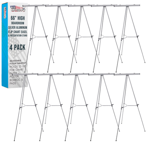 66" High Boardroom Classroom Silver Flip Chart Easel & Presentation Stand (10 Pack) - Adjustable Floor/Tabletop, Portable Tripod, Holds 25 lbs., for Chart Paper, Poster Boards, & Pads