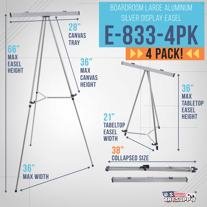 66" High Classroom Silver Aluminum Flip Chart Easel & Presentation Stand (4 Pack) - Adjustable Floor/Tabletop, Portable Tripod, Holds 25 lbs., for Chart Paper, Poster Boards, & Pads
