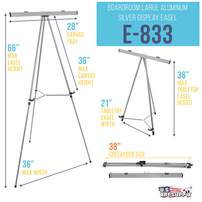 66" High Classroom Silver Aluminum Flipchart Display Easel and Presentation Stand - Large Adjustable Floor and Tabletop Portable Tripod, Holds 25 lbs