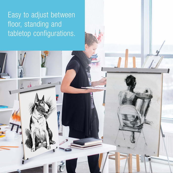 66" High Classroom Silver Aluminum Flip Chart Easel & Presentation Stand - Adjustable Floor/Tabletop, Portable Tripod, Holds 25 lbs., for Chart Paper, Poster Boards, & Pads