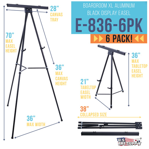 U.S. Art Supply 70" High Boardroom XL Black Aluminum Flipchart Display Easel (Pack of 6), Holds 45 lb - Heavy Duty Extra Large and Presentation Stand Adjustable Floor and Tabletop Portable Tripod, Pad