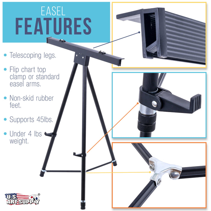 70" High Boardroom XL Black Aluminum Flipchart Display Easel, Hold 45 lb, Heavy Duty Extra Large & Presentation Stand Adjustable Floor Tabletop Tripod