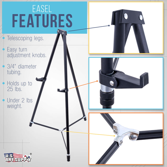 66" High Black Metal Display Easel - Large Adjustable Height Portable Easel Stand, Sign Display, Holds 25 lbs - Floor & Tabletop Easels, Painting Stand