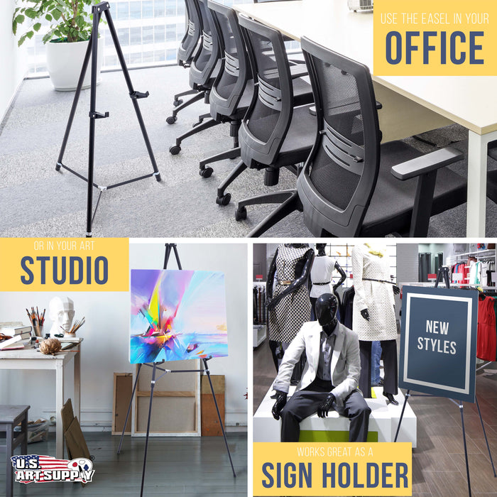 66" High Black Metal Display Easel - Large Adjustable Height Portable Easel Stand, Sign Display, Holds 25 lbs - Floor & Tabletop Easels, Painting Stand