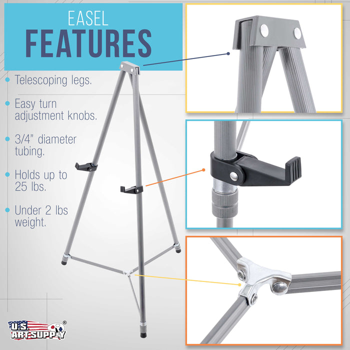 66" High Gallery Silver Metal Display Easel - Large Adjustable Height Portable Easel Stand, Sign Display, Holds 25 lbs - Floor & Tabletop Easels, Painting Stand