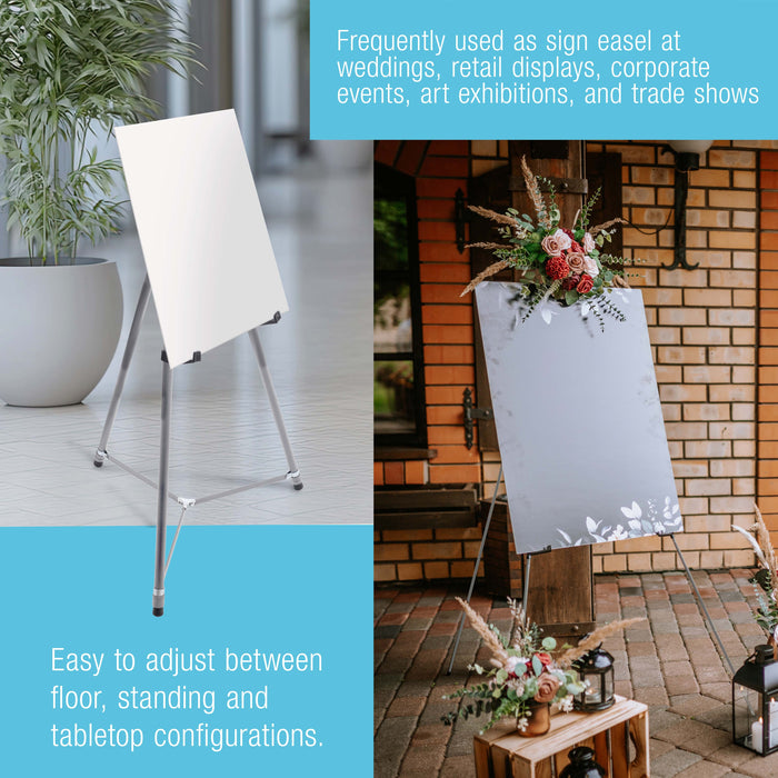 66" High Gallery Silver Metal Display Easel - Large Adjustable Height Portable Easel Stand, Sign Display, Holds 25 lbs - Floor & Tabletop Easels, Painting Stand