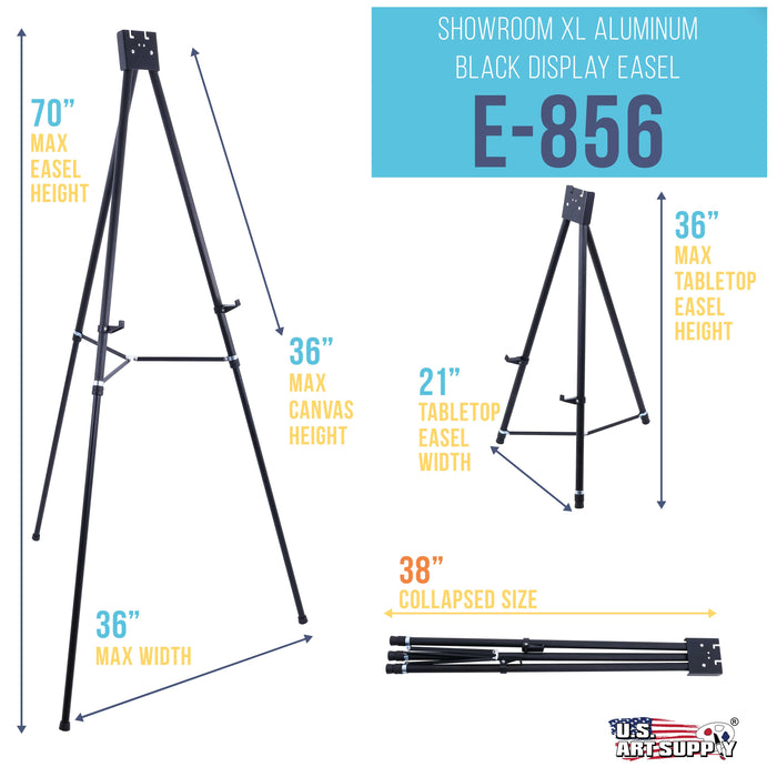 70" High Showroom XL Aluminum Display Easel, Holds 45 lbs - Heavy Duty Extra Large Black Presentation Stand, Adjustable Portable Floor Tabletop Tripod