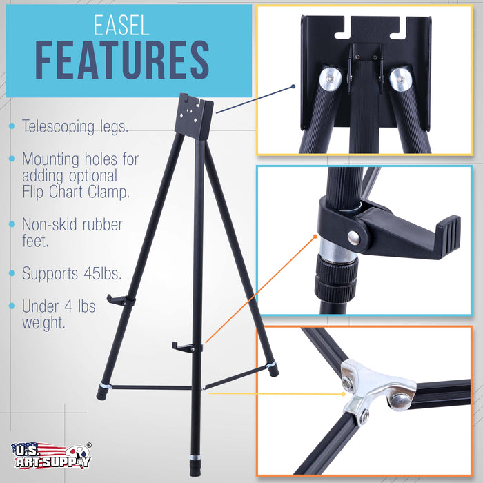 U.S. Art Supply 70" High Showroom XL Silver Metal Display Easel - Large Adjustable Height Portable Easel Stand, Sign Display, Holds 45 lbs - Floor & Tabletop Easels, Painting Stand