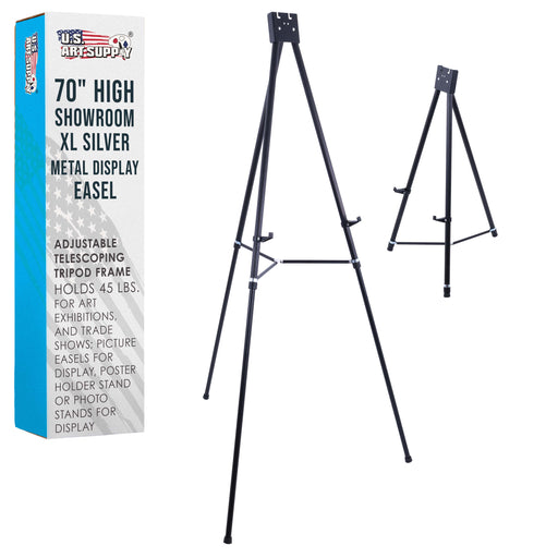 U.S. Art Supply 70" High Showroom XL Silver Metal Display Easel - Large Adjustable Height Portable Easel Stand, Sign Display, Holds 45 lbs - Floor & Tabletop Easels, Painting Stand