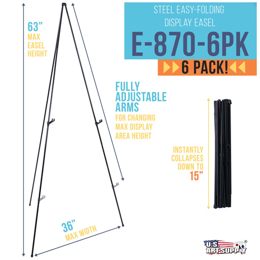 63" High Steel Easy-Folding Display Easel (Pack of 6) - Quick Set-Up, Instantly Collapses, Adjustable Height Display Holders - Portable Tripod Stand