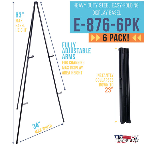 63" High Heavy Duty Steel Easy Folding Display Easel (Pack of 6 Easels) - Adjustable Height Display Holders - Portable Tripod Stand, Presentations