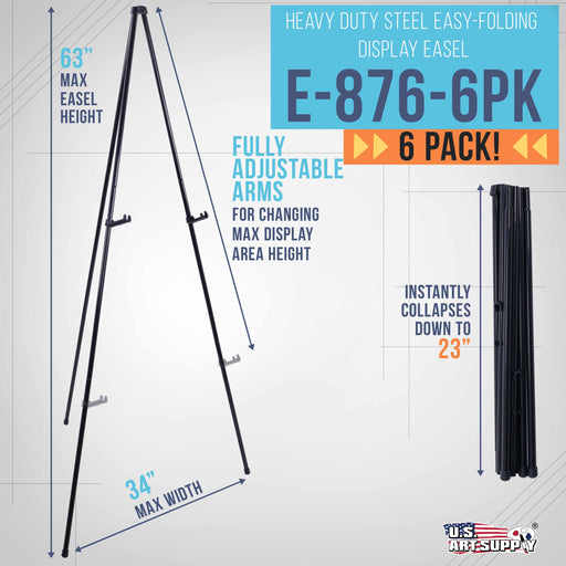 U.S. Art Supply 63" High Heavy Duty Metal Folding Display Easel (6 Pack) - Adjustable Height, Holds 10 lbs - Portable Art Easel Stand - For Sign, Poster, Canvas, Painting, Picture Display