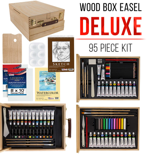95 Piece Wood Box Easel Painting Set - Oil, Acrylic, Watercolor Paint Colors & Paint Brushes, Oil Artist Pastels, Pencils, Watercolor & Sketch Pads
