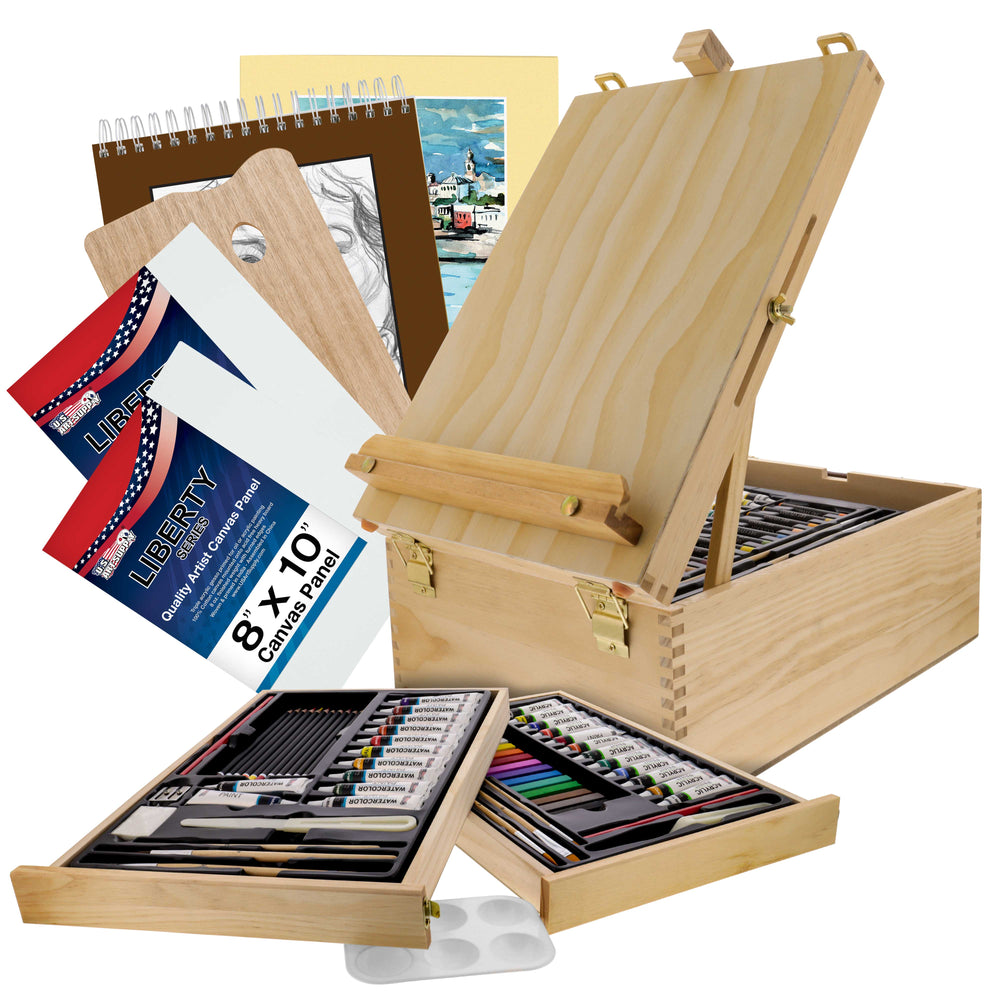 95 Piece Wood Box Easel Painting Set - Oil, Acrylic, Watercolor Paint Colors & Paint Brushes, Oil Artist Pastels, Pencils, Watercolor & Sketch Pads