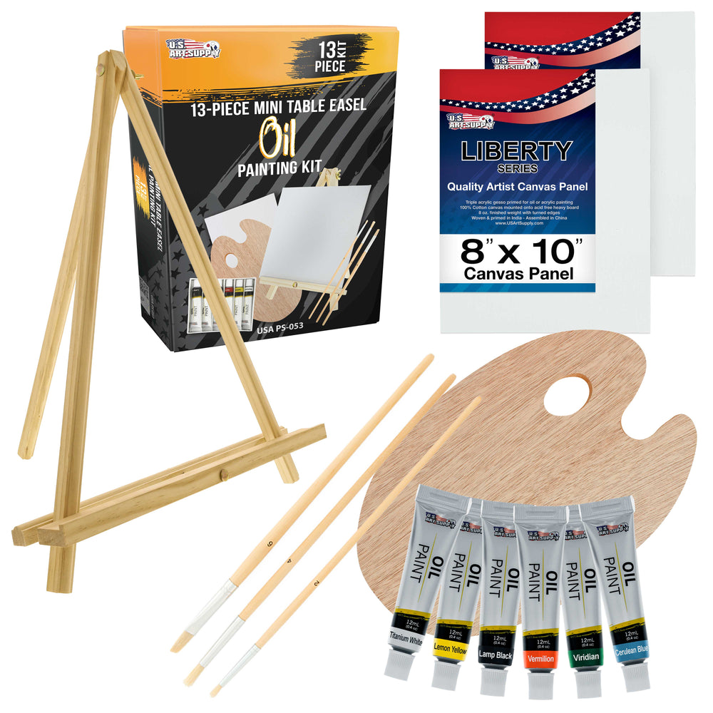 U.S. Art Supply 14-Piece Artist Painting Set with 6 Vivid Oil Paint Colors, 12" Easel, 2 Canvas Panels, 3 Brushes, Wood Painting Palette - Beginners