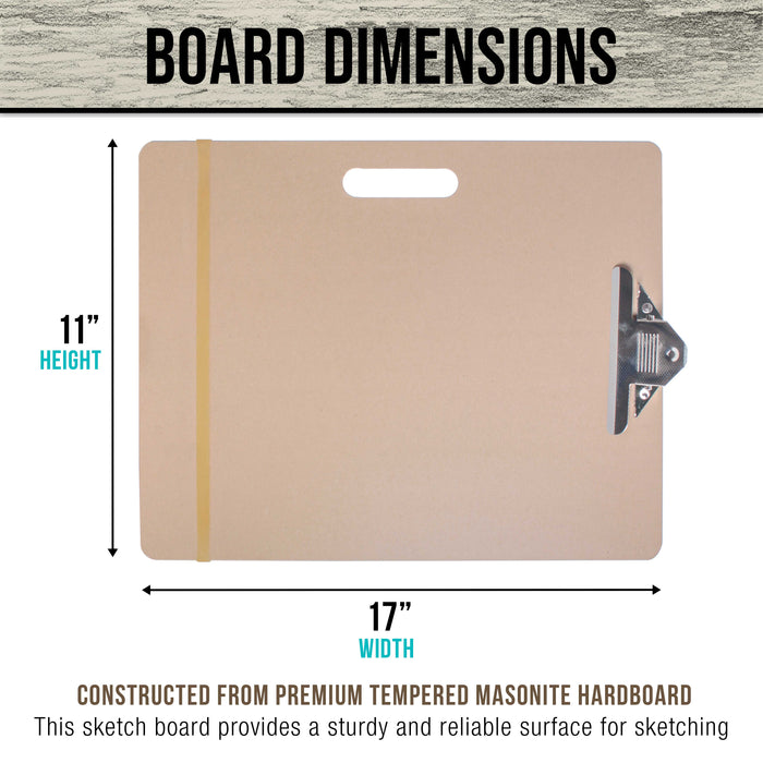 11" x 17" Artist Sketch Tote Board - Lightweight, Durable Tempered Hardboard with Handle, Metal Clip, Rubber Band for Sketching, Drawing, Painting - Perfect for Travel & Studio Use