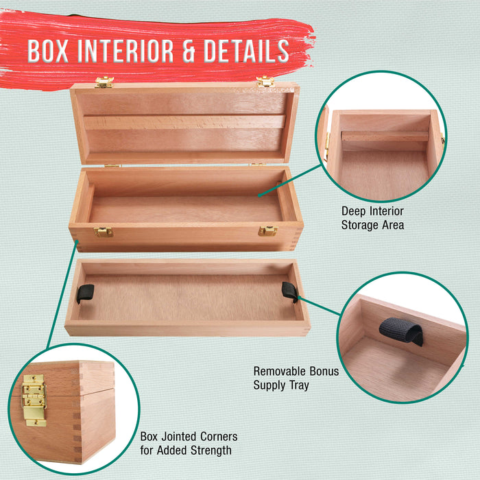 Multi-Function Artist Tool Supply Box with Locking Clasps & Removable Tray - Wooden Art Box for Artist Supplies, Brushes, Pencils, Erasers, Tool Storage Organizer Case
