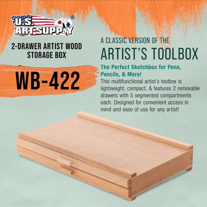 2-Drawer Artist Wood Pastel, Pen, Marker Storage Box - Elm Hardwood Construction, 5 Compartments per Drawer - Ideal for Pastels, Pens, Pencils, Charcoal, Blending Tools, and More