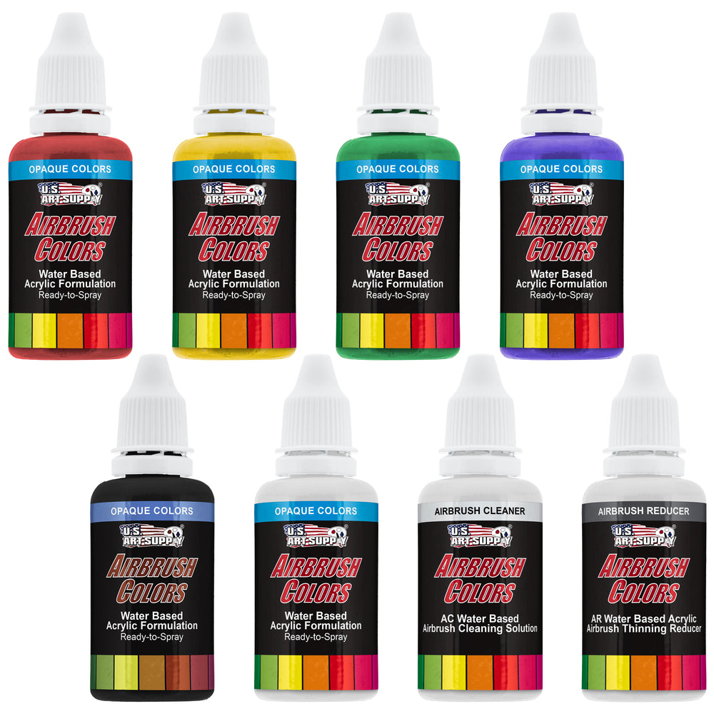 6 Color Starter Primary Opaque Acrylic Airbrush Paint Set with Reducer & Cleaner, Ready to Spray, 1 oz. Bottles