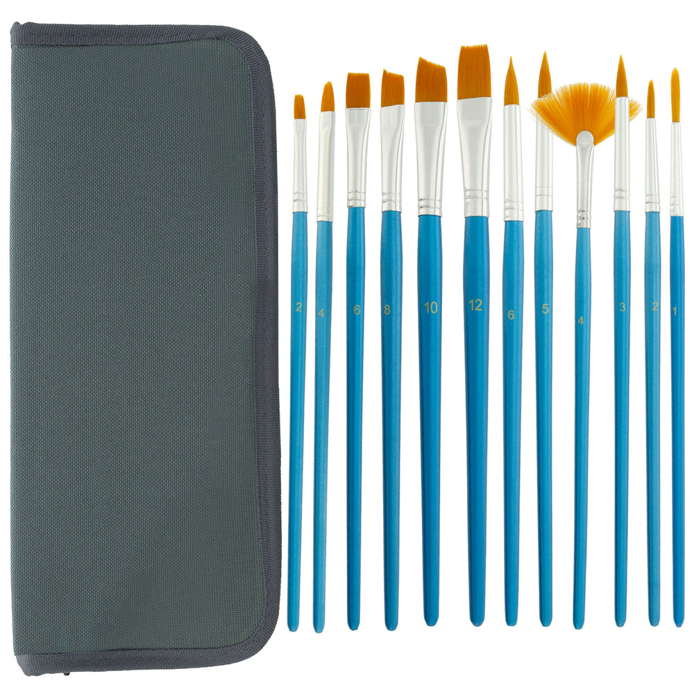 12 Piece Nylon Hair Short Blue Handle Oil/Acrylic Brush Set with Black Carrying Case