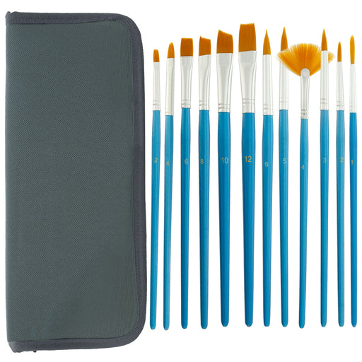 12 Piece Nylon Hair Short Blue Handle Oil/Acrylic Brush Set with Black Carrying Case