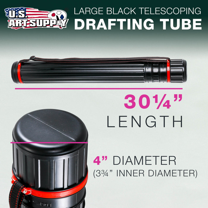 Black Telescoping Drafting Tube - 4" Outside/3-3/4" Inside Diameter, Expands 30-1/4" to 52", Durable Protection with Shoulder Strap - Ideal for Posters, Blueprints, Art & More